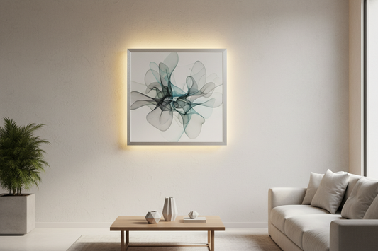 Prompt: “digital art frame on wall with ambient LED backlight, displaying abstract art in a modern minimalist room.”