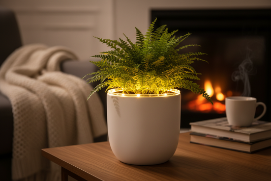 Prompt: “small plant pot with built‑in LED lights illuminating the leaves, cozy warm living‑room environment.”